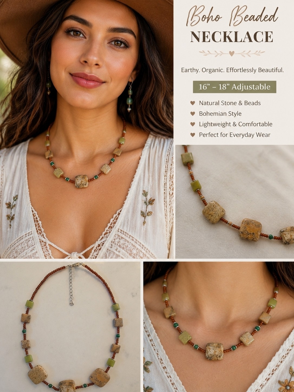 Boho Beaded Natural Stone Necklace in Green and Brown